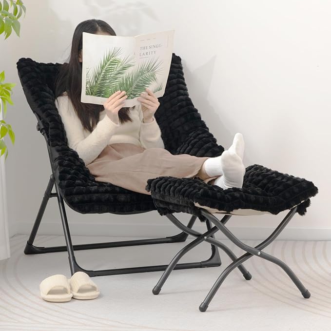 HollyHOME X-Large Saucer Chair, Comfy Oversized Folding Chair, Faux-Fur Reading Chair for Teens, Adults, Foldable Accent Lazy Chair, Metal Lounge Chair for Living Room, Bedroom, Dorm, Grid Black