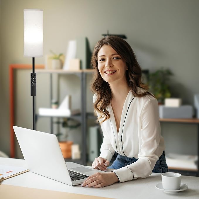 Ambimall 66'' Floor Lamps for Living Room with Remote Control and Stepless Dimmable Colors Temperature & Brightness, 9W Bulb Included(Beige Lampshade & Black Pole)