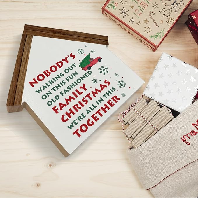 Funny Christmas Decor, Old Fashioned Family Christmas House Shaped Wood Block Sign, Xmas Holiday Vacation Home Decorations for Desk Table Shelf