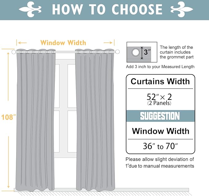 ChrisDowa 100% Blackout Curtains 108 inch Long for Bedroom with Black Liner, 2 Thick Layers Total Blackout Thermal Insulated Grommet Window Curtains 2 Panels Set (Grey, 52 x 108 Inch)