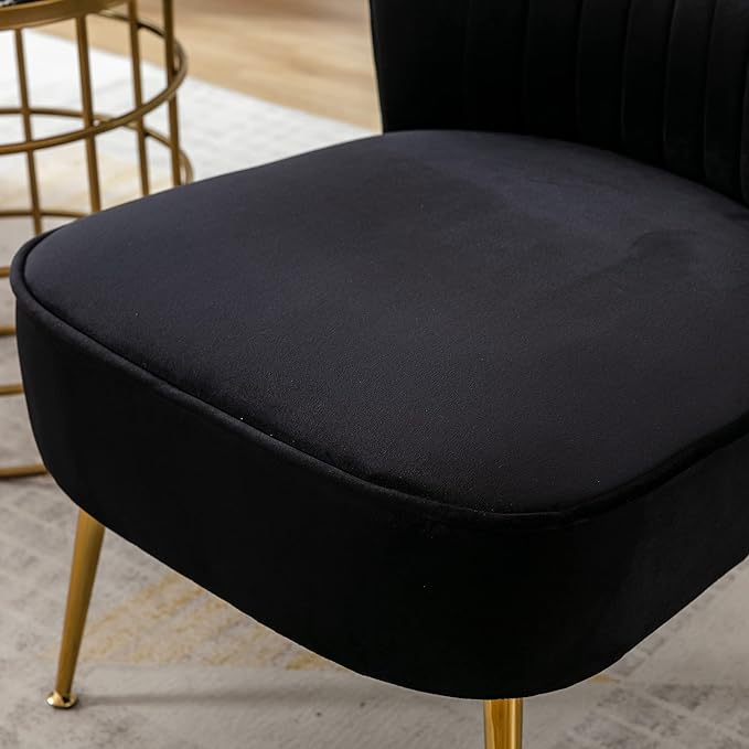 Velvet Accent Chair Set of 2 Comfy Living Room Chair Armless Slipper Chair Mid Century Side Single Sofa Chair with Golden Legs Wingback for Bedroom Guest Room, Black