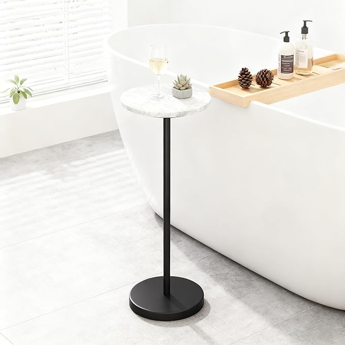 Nature Marble Drink Table, Pedestal Table, Small Round Side Table, Martini Table for Living Room, Bathroom, Small Space (Black 1)