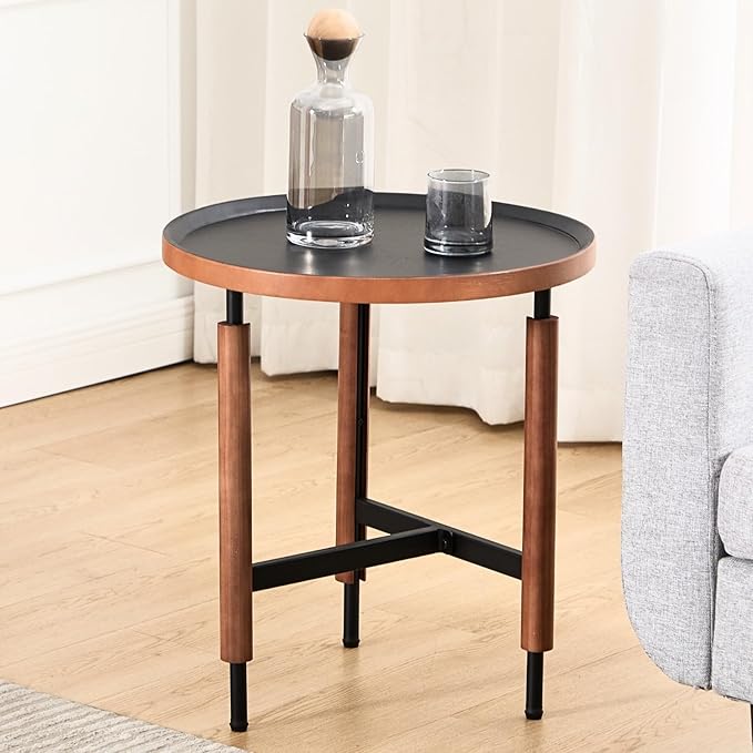 HEAH-YO 20" Round End Table, Small Side Table with Wood Tray Top, Sofa Table with Walnut Wrapped Metal Legs,Industrial & Farmhouse Nightstand for Living Room/Office Reception, Black