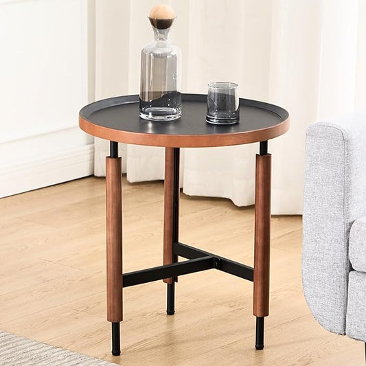 HEAH-YO 20" Round End Table, Small Side Table with Wood Tray Top, Sofa Table with Walnut Wrapped Metal Legs,Industrial & Farmhouse Nightstand for Living Room/Office Reception, Black