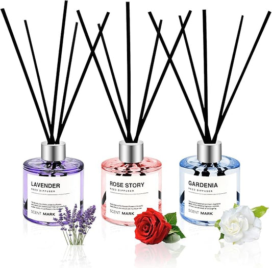 Reed Diffuser Set of 3 Pack,50ML Lavender Rose Gardenia Scented Oil Diffuser with 5 Sticks,Home Fragrance Reed Diffuser for Bedroom Bathroom Office (Lavender/Rose/Gardenia)