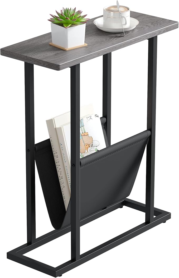 Yusong Small Narrow Side Table for Small Spaces, 17.7" W Slim End Table Magazine Table Nightstand with Storage Holder, Accent Skinny Snack Couch Bedside Table, Grey, Complete Iron Pipes