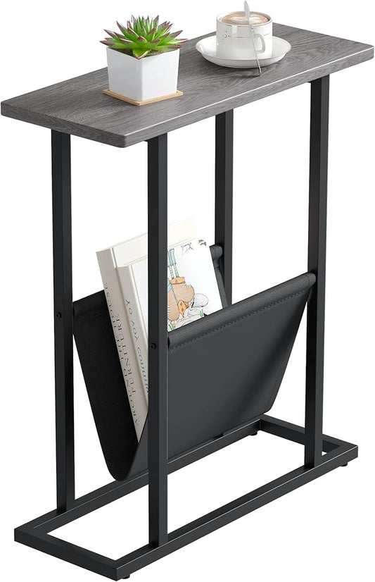 Yusong Small Narrow Side Table for Small Spaces, 17.7" W Slim End Table Magazine Table Nightstand with Storage Holder, Accent Skinny Snack Couch Bedside Table, Grey, Complete Iron Pipes