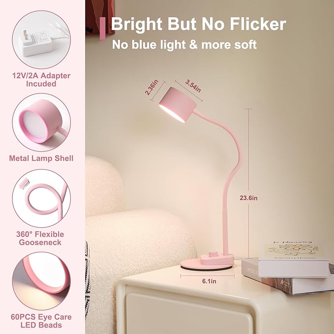 Cute Desk Lamp with USB C + A Charging Port, 5 Colors Dimmable Reading Lamps, Minimalist Pink Lamp for Kids, Eye Care Metal Bedside Table Lamp with Timer Flexible Gooseneck Desk Light for Home Office