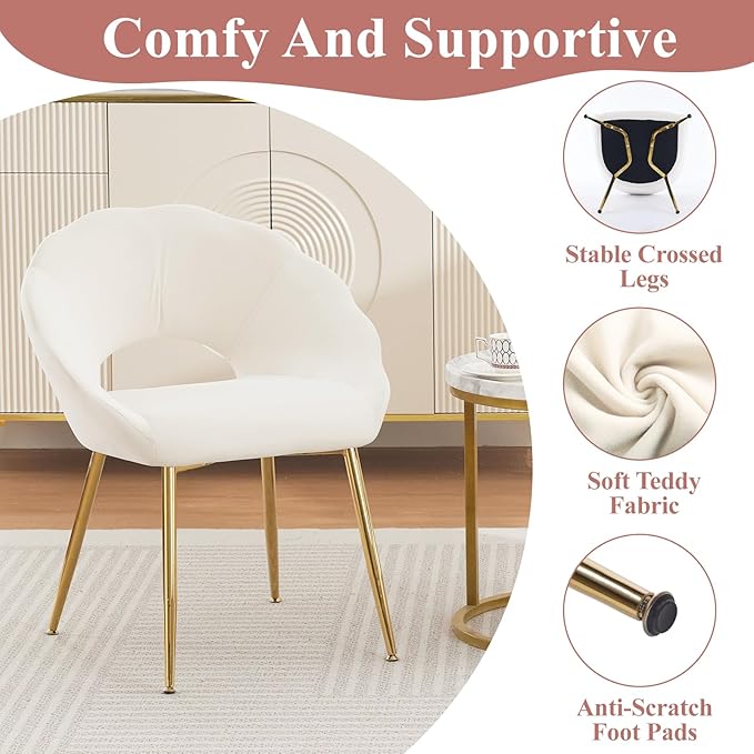 Modern Small Accent Chair Set of 2, Comfy Velvet Vanity Chair with Shell Back & Golden Metal Legs, Decorative Chair no Wheels for Living Room, Makeup Room, Bedroom, Beige