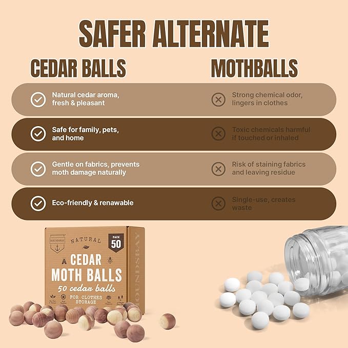 50 Cedar Balls for Clothes - Fresh Smell for Closets and Drawers - Protection for Garments - Cedarwood Closet Freshener & Protects from Moths - Wood Block for Drawer & Storage