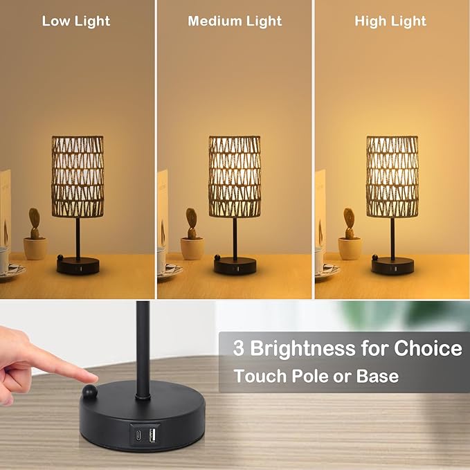 Touch Bedside Lamp For Bedroom with Bulb, Gray Boho Small Table Lamp For Living Room With Rattan & Linen Shade, 3 Way Dimmable Table Lamp For Nightstand With USB Charging Port & Phone Stand For Office