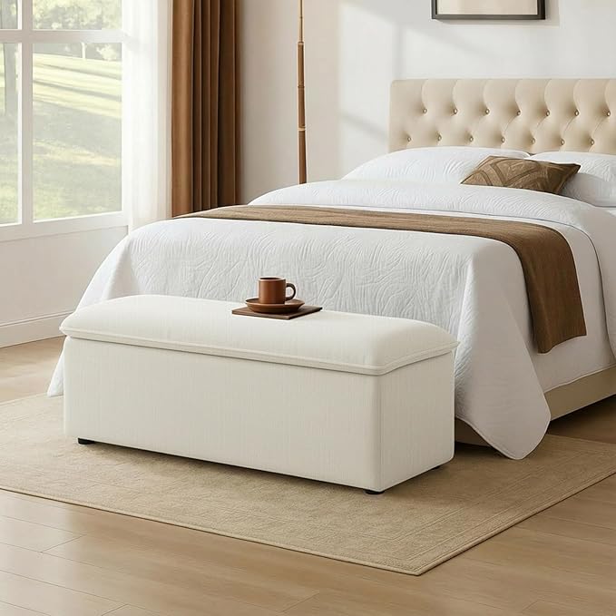 CIMOTA Storage Ottoman Bench, Upholstered End of Bed Storage Bench with Safety Hinge, Large Storage Chest with Seating, Modern Entryway Bench for Bedroom, Living Room, Linen Beige