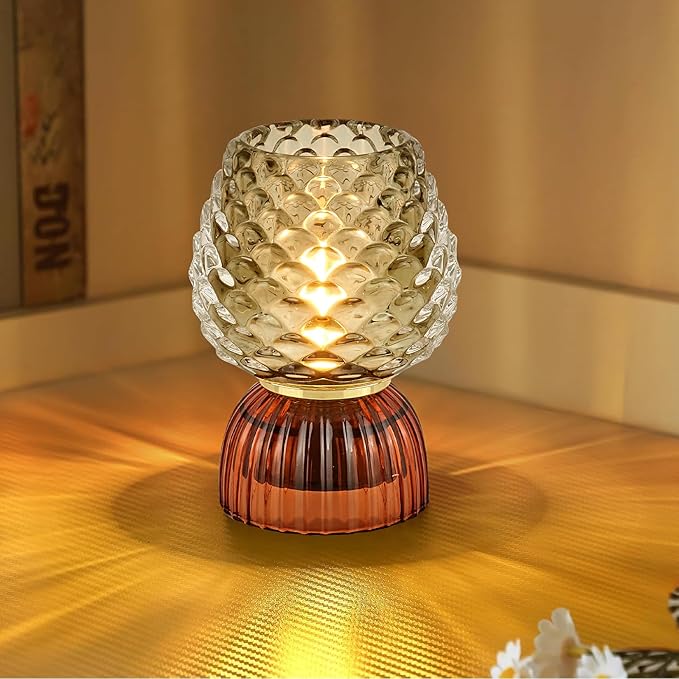 Battery Operated Lamp with Timer, Cute Small Cordless Glass Table Lamp for Home Decor, Kitchen, Bathroom, Birthday Gift for Women, Pinecone, Grey
