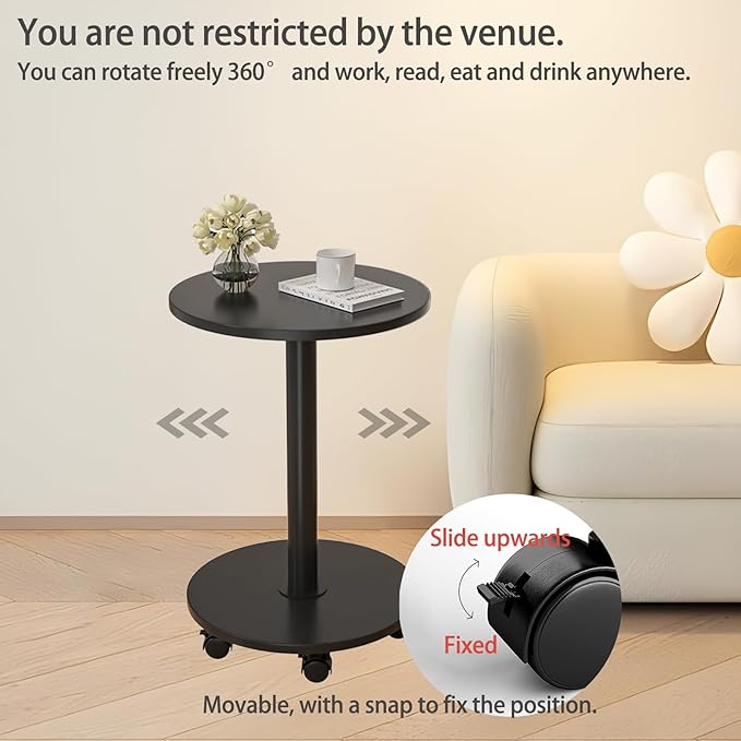 Pedestal Table on Wheels TV Tray Table, Rotating Couch Round Tables, Small Side Table for Living Room and Bedroom Sofas, Beds, Mini Coffee Tables, (H) 22.4 *(W) 11.8 (Assembly Required)