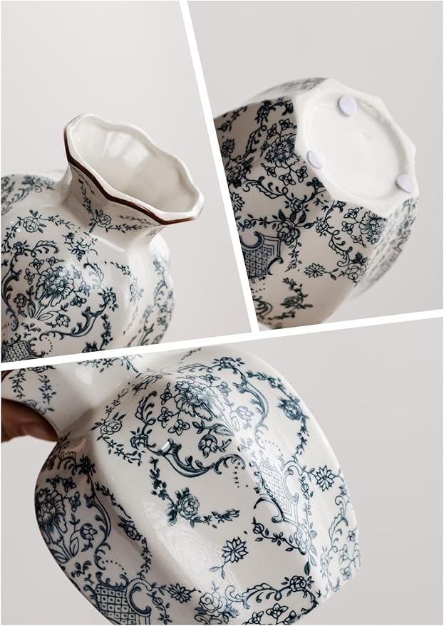 Blue and White Vase, Vintage Blue Ceramic Flower Vessel,Ceramic vases for Home Decor,Vintage Green and Beige for Console Table Mantle Chinoiserie Decor (Retro-03, Small)