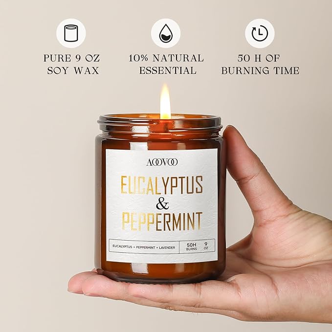 AOOVOO Eucalyptus Mint Candles - 9 oz Scented Candles, Aromatherapy Candle, Soy Candle for Home Scented