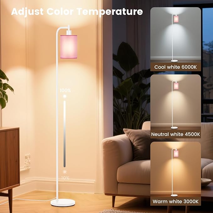 Floor Lamp with Linen Shade, Dimmable Tall Standing Lamp with Remote Control & 3 Color Temperatures, Modern Floor Lamps for Living Room Bedroom Office Corner, 9W LED Bulb Included