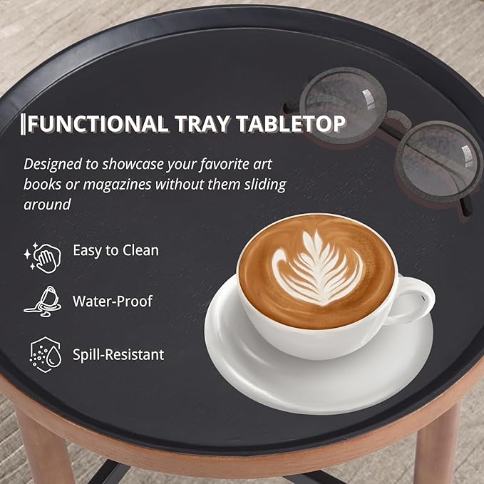 HEAH-YO 20" Round End Table, Small Side Table with Wood Tray Top, Sofa Table with Walnut Wrapped Metal Legs,Industrial & Farmhouse Nightstand for Living Room/Office Reception, Black