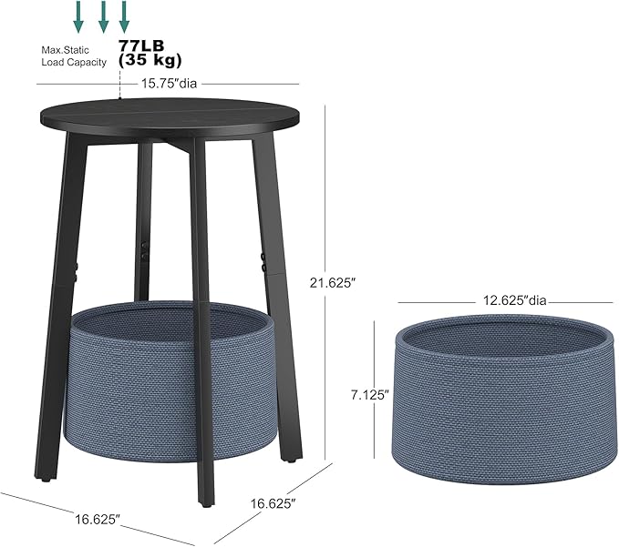 Small Round Side End Table with Cloth Storage Basket, Round Bedside Sofa Couch Coffee Tables for Small Places with Metal Frame, Modern Nighstands for Living Room Bedroom, Black