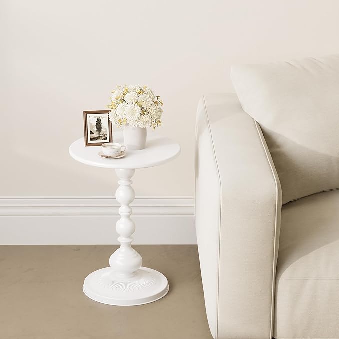 Metal Round Side Table, Small Drink Table for Small Spaces, Matte Modern Accent End Tables Coffee Tables, Pedestal Tables for Living Room, Bedroom, Corners, and Office, 21'' Height (White)