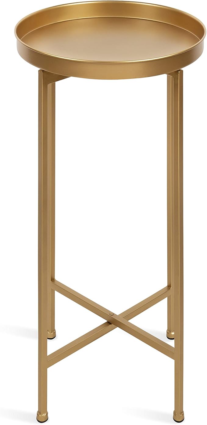 Kate and Laurel Celia Round Metal Foldable Accent Table with Tray Top, Gold