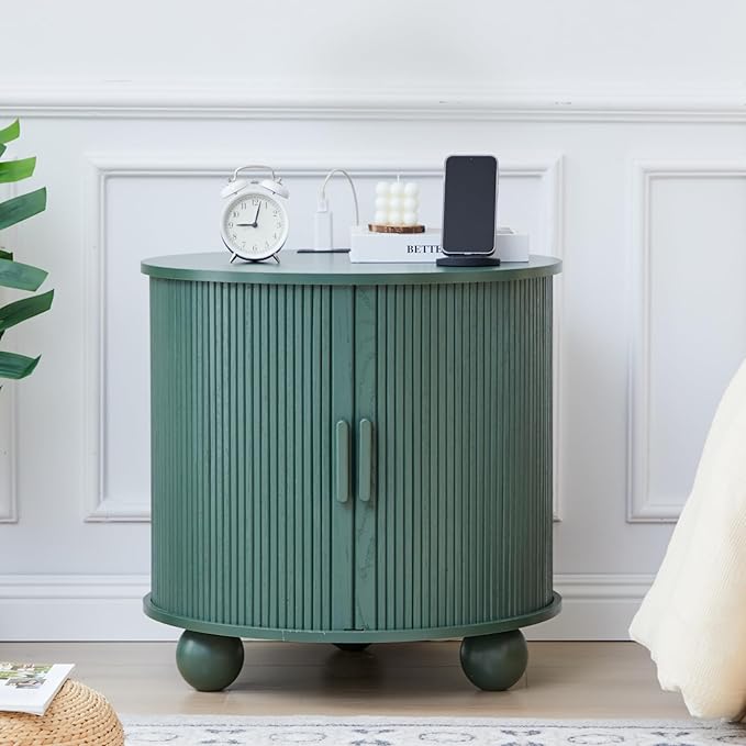 AVZEAR 24" Large Round End Table with Charging Station, Farmhouse Fluted Sofa Side Table with Sliding Tambour Door & Storage, Mid-Century Wood Nightstand for Living Room, Bedroom, Green
