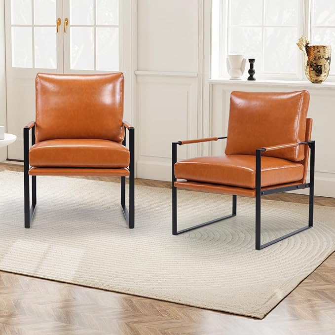 INZOY Mid Century Modern Accent Chair with Removable Cushions, Comfy PU Leather Living Room Chairs with Thicker Backrest and Cushion, Metal Frame Design, Brown