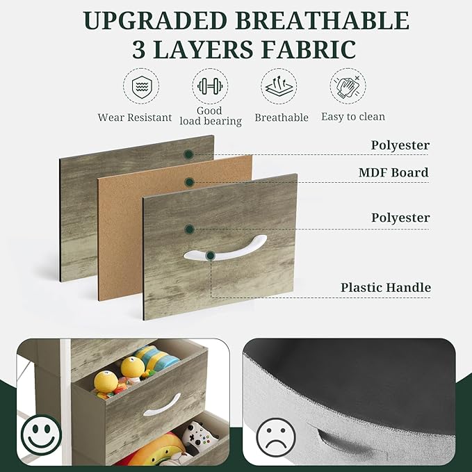 Nightstand, 4 Drawer Dresser End Table Bedside Furniture with Wooden Top Steel Frame Fabric Bins for Bedroom, Closet, Entryway, Dorm, Living Room, Greige Oak