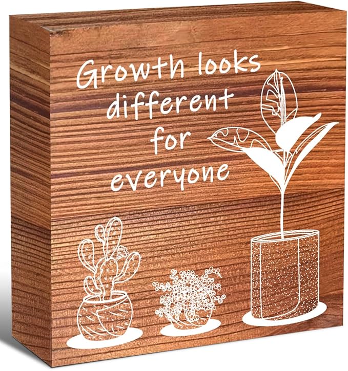 LVQHI Inspirational Wood Block Sign,Growth Looks Different for Everyone Plant Motivational Wooden Block Sign for Home Bedroom Office Desk Table Decor,Inspirational Cheer Up Gift for Coworker Burlywood