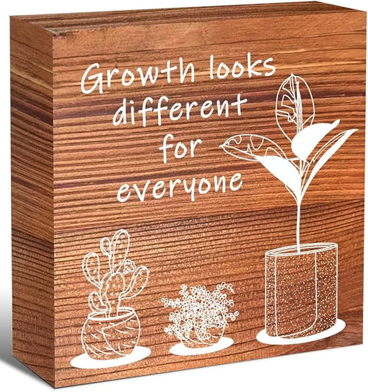 LVQHI Inspirational Wood Block Sign,Growth Looks Different for Everyone Plant Motivational Wooden Block Sign for Home Bedroom Office Desk Table Decor,Inspirational Cheer Up Gift for Coworker Burlywood