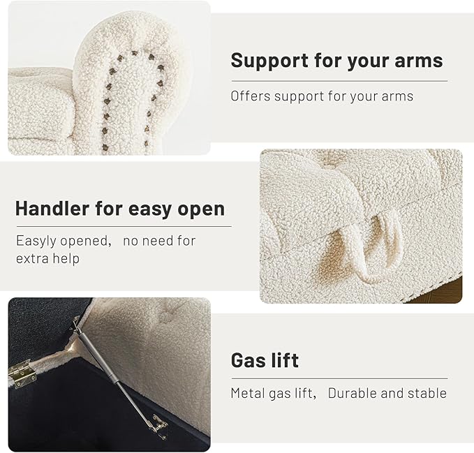 Furniliving 63” End of Bed Bench, Bedroom Bench with Button-Tufted, Large Upholstered Storage Ottoman Benches Entryway Bench with Storage Shoe Cabinet Bench, for Bedroom, Living Room, Faux Fur, White