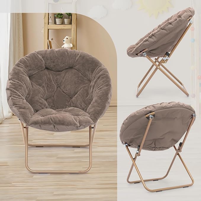 Athena Collection Saucer Chair with Ottoman Comfy Chair for Bed Room Living Room Folding Round Cozy Chair Faux Fur Metal Frame Foldable Lazy Chair Accent Chair Reading Chair Set of 2, Brown