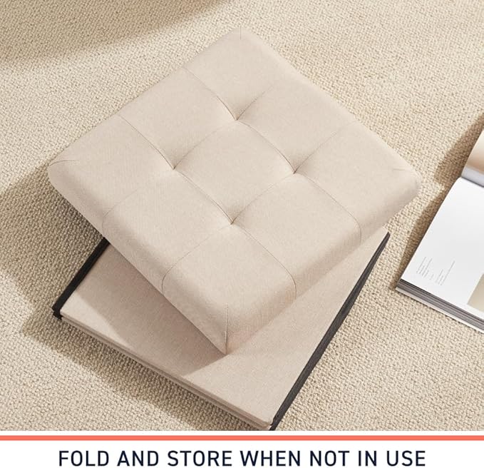 Ornavo Home 15 Inch Folding Storage Ottoman, Square Small Storage Foot Rest Stool, Bedroom Bench - Beige