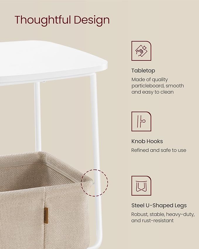 VASAGLE LILEA Collection - Side End Table with Fabric Basket, Modern Nightstand, Square Bedside Table, for Living Room, Bedroom, Matte White and Camel Brown ULET229W10