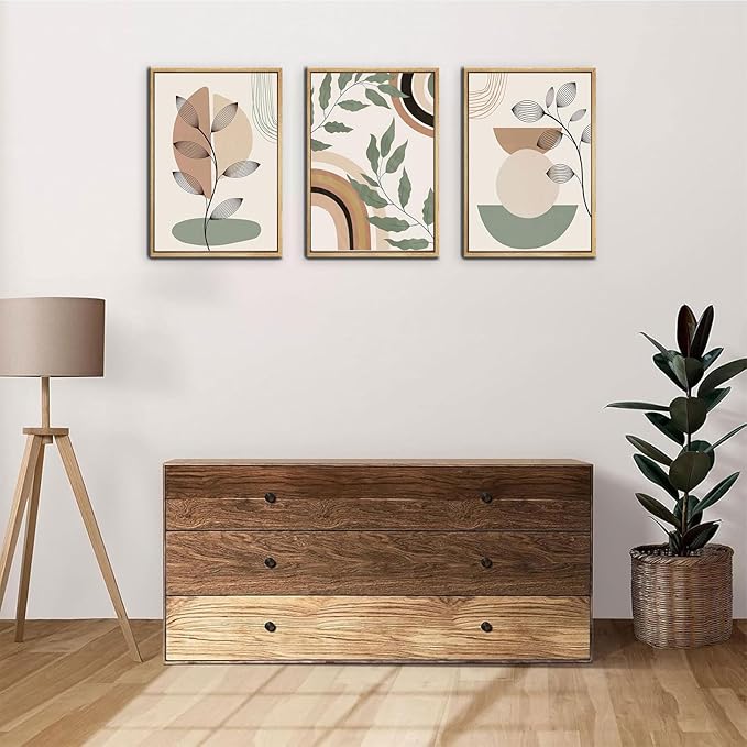 3 pcs Boho Canvas Wall Art Green Sage Botanical Painting Wall Decor Pictures Mid Century Modern Minimalist poster print for Living Room Bedroom Bathroom Home Decoration UnFramed