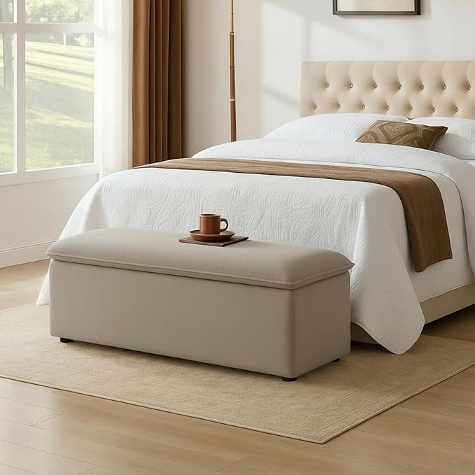 CIMOTA Storage Ottoman Bench, Upholstered End of Bed Storage Bench with Safety Hinge, Large Storage Chest with Seating, Modern Entryway Bench for Bedroom, Living Room, Chenille Oatmeal