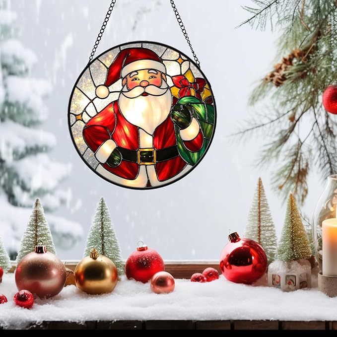 Christmas Stained Glass Window Hanging Sun Catcher, Santa Claus Suncatcher for Window Ornament, Festive Wall Art Decor Christmas Xmas Gift for Women, Men (Red Santa, 6.3'')