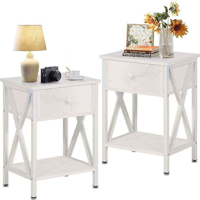VECELO Nightstands Set of 2, Modern Bedside End Tables, Night Stands with Drawer and Storage Shelf for Living Room Bedroom, Industrial Metal Frame