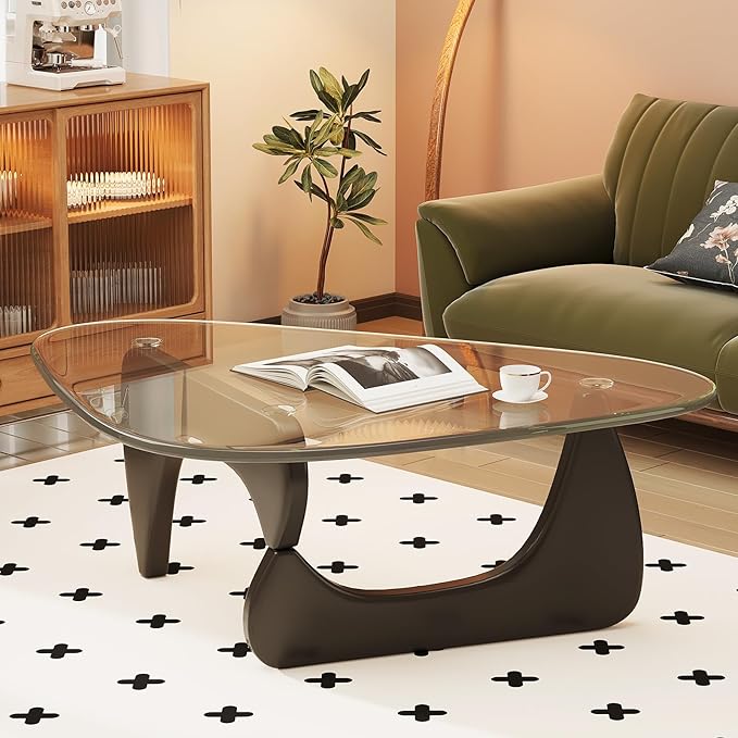 Coffee Table for Living Room Mid Century Modern Center Table with Glass Top and Wood, Transparent/Black