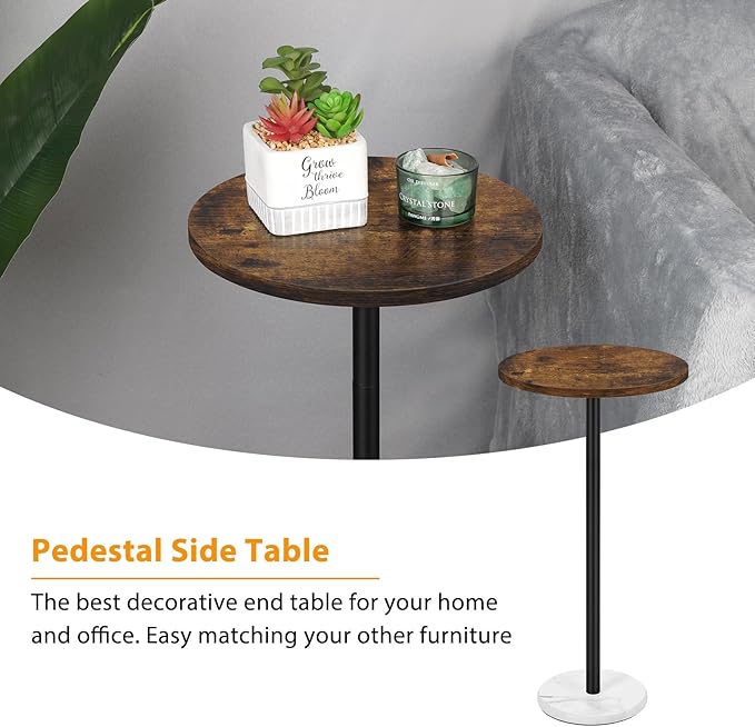 smusei Small Side Table for Small Spaces Round Bar Table with Marble Base Round End Table Drink Table Pedestal for Sofa Couch Chair Patio, Brown