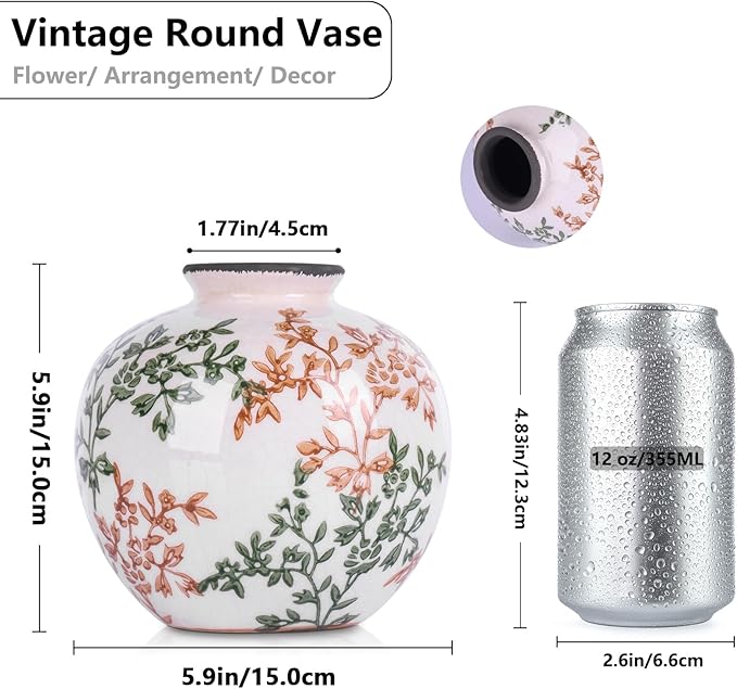 Vintage Green and White Brown Round Vase, Chinoiserie Porcelain Green Floral Vase, Mid Century Modern Pottery Flower Vases for Bouquet and Home Rustic Farmhouse Dining Table Decor