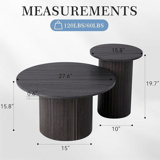 Small Round Coffee Table Set of 2, Wood Finish Nesting Coffee Tables, Boho Circle Side Table for Living Room (φ27.6 Large Short + φ15.8 Small Tall)