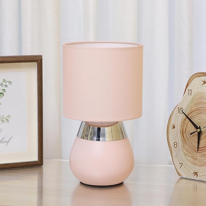 Small Modern Touch Eye Protection Bedside Table Lamp, 7 x 7 x 12 Inch Pink Metal Base Table Lamp for Bedrooms and Office (Pink Fabric Lampshade)