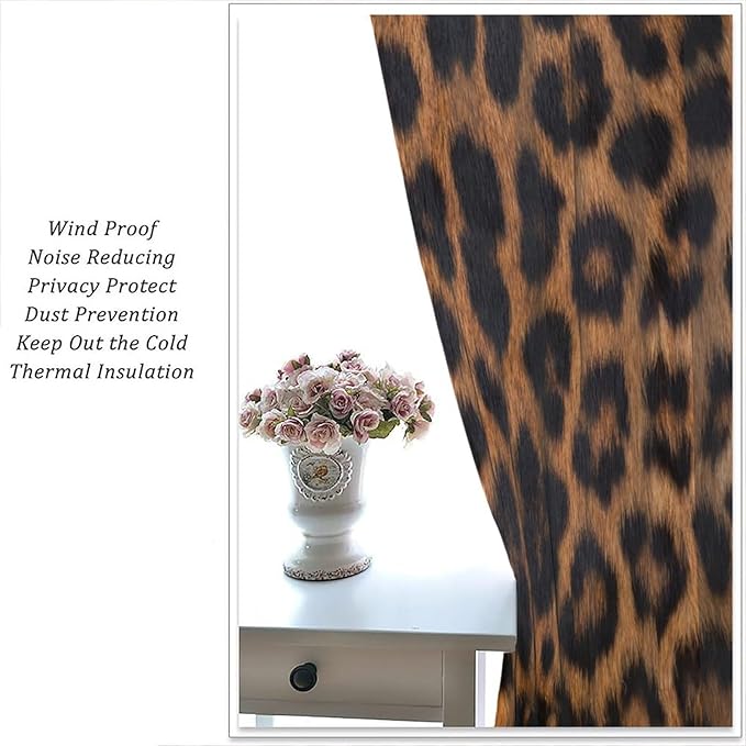 Leopard Print Blackout Curtain, Black Brown Fur Leopard Print Wild Animal Skin Drapes, Window Treatments Rod Pocket 2 Panels Curtains for Bedroom Nursery Office Living Room Decor 63"W X 63"L