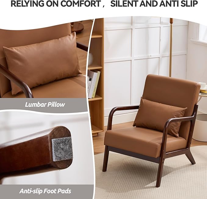 Mid Century Modern PU Leather Accent Chair, Living Room Chairs with Lumbar Pillow Boho Arm Chiar Reading Chair with Solid Wood Frame for Living Room Bedroom
