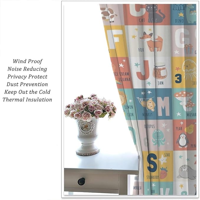 BAEKJIN Kids Alphabet Curtains，Catoon Wild Animals Pattern Print Decor Window Drapes for Bedroom Living Room 42x45 Inch