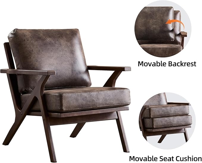 INZOY Mid-Century Modern Accent Chair with Wood Frame, PU Leather Living Room Chair and Soft Thick Padded Armchair for Living Room Bedroom Reception with Removable Upholstered Cushions, Dark Grey