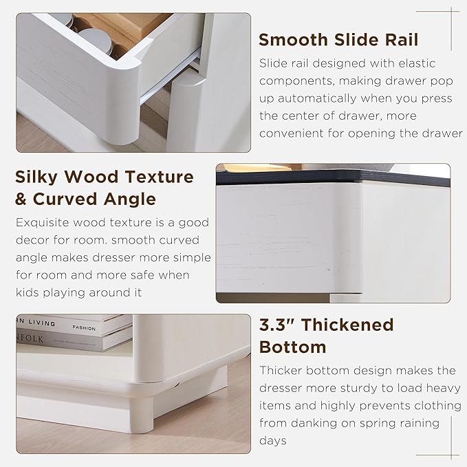 ACCOHOHO Modern Nightstand with Charger Station, 22" Wide Night Stand with Storage Drawer & Open Shelf, Large Bedside Table for Bedroom, Wood End Table, Curved Profile, White