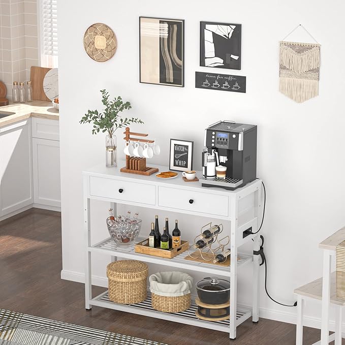 Ecoprsio Entryway Table with Outlets and USB Ports, Console Table with 2 Drawers, Small Sofa Table with Storage Shelves for Living Room, Couch, Hallway, Foyer, Kitchen Counter, 32'', White
