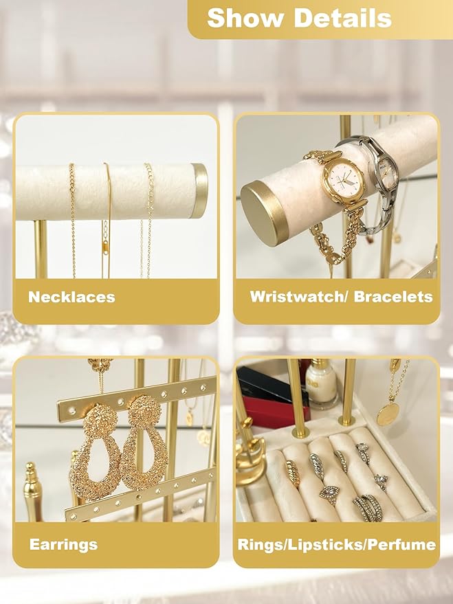 3 Tier Jewelry Organizer Stand with Detachable Ring Tray, Multi-functional necklace Holder for Bracelet, Earring, Elegant Closet Decor Gift for Women (White)